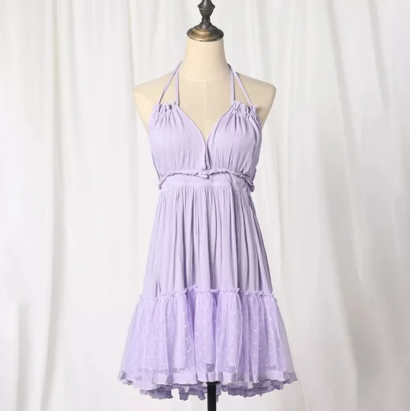 Lilac Layered Mesh Skirt Backless Halter Boho Beach Mini Dress - Picture 3 of 16